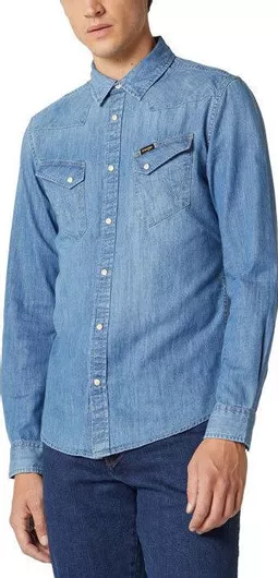 Wrangler Western Μακρυμάνικo Τζιν Πουκάμισο σε Στενή Γραμμή Μπλε