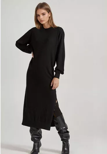 Funky Buddha Midi Φόρεμα Πλεκτό με Σκίσιμο Black