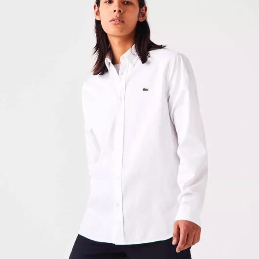 Lacoste Μακρυμάνικo Βαμβακερό Πουκάμισο σε Κανονική Γραμμή Blanc