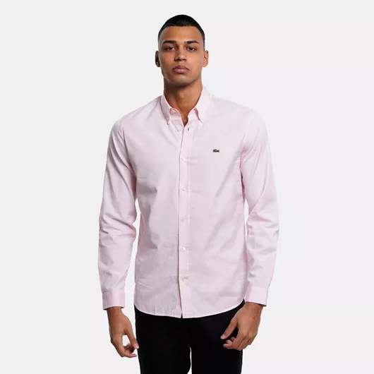 Lacoste Μακρυμάνικo Βαμβακερό Πουκάμισο σε Κανονική Γραμμή Ροζ