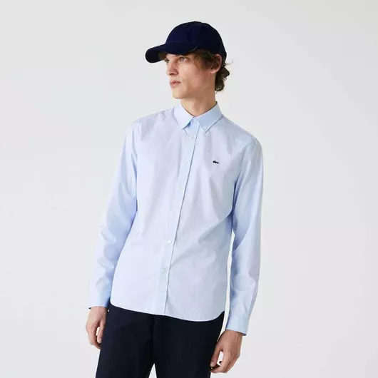 Lacoste Μακρυμάνικo Βαμβακερό Πουκάμισο σε Κανονική Γραμμή Γαλάζιο