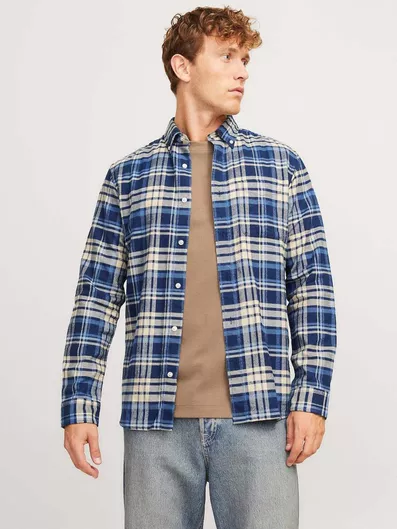 Jack & Jones Μακρυμάνικo Φανελένιο Πουκάμισο Καρό μπλε