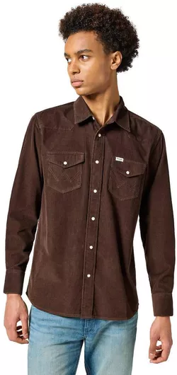 Wrangler Western Καφέ Μακρυμάνικο Κοτλέ Πουκάμισο Κανονικής Γραμμής