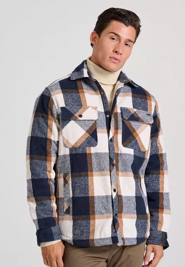 Funky Buddha Overshirt Μακρυμάνικo Πουκάμισο σε Φαρδιά Γραμμή Καρό Navy Μπλε