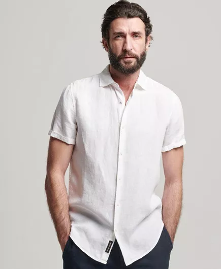 Superdry Κοντομάνικο Λινό Πουκάμισο σε Στενή Γραμμή Λευκό