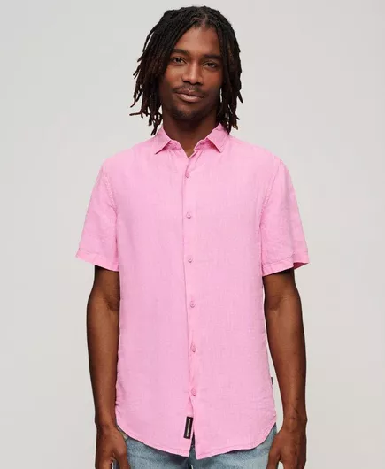 Superdry Κοντομάνικο Λινό Πουκάμισο σε Στενή Γραμμή Ροζ