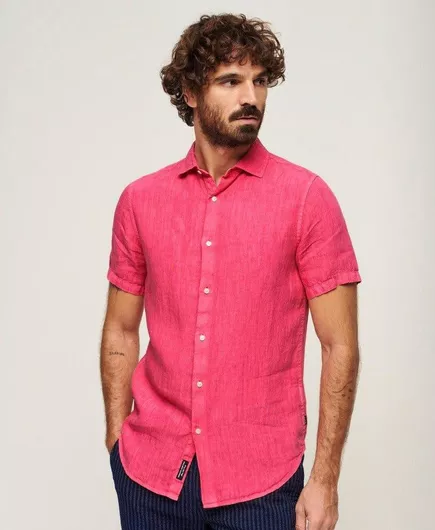 Superdry D2 Stud Casual Κοντομάνικο Λινό Πουκάμισο σε Κανονική Γραμμή Φούξια