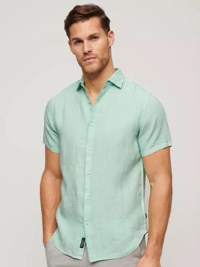 Superdry D3 Stud Studios Casual Κοντομάνικο Λινό Πουκάμισο Πράσινο