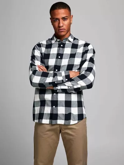 Jack & Jones Μακρυμάνικo Βαμβακερό Πουκάμισο σε Στενή Γραμμή Καρό White/Black