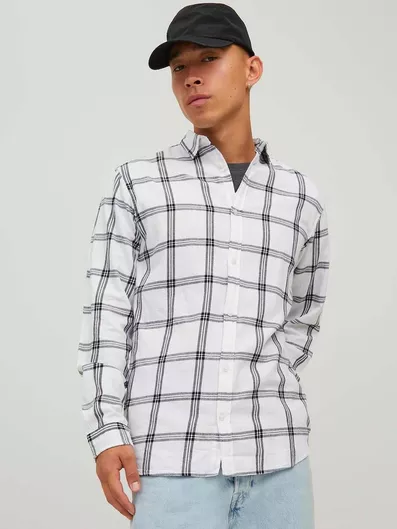 Jack & Jones Μακρυμάνικo Φανελένιο Πουκάμισο σε Κανονική Γραμμή Καρό Whisper White
