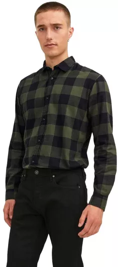 Jack & Jones Μακρυμάνικo Βαμβακερό Πουκάμισο σε Στενή Γραμμή Καρό Dusty Olive