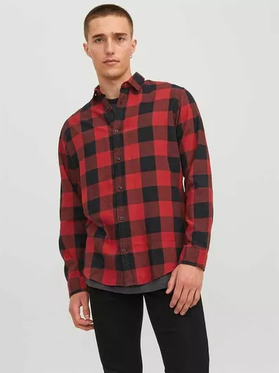 Jack & Jones Μακρυμάνικo Βαμβακερό Πουκάμισο σε Στενή Γραμμή Καρό Red/Black