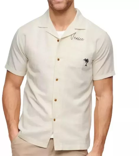 Superdry D3 Ovin Vintage Κοντομάνικο Λινό Πουκάμισο σε Κανονική Γραμμή Off White