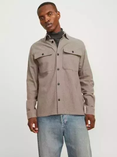 Jack & Jones Overshirt Μακρυμάνικo Βαμβακερό Πουκάμισο Greige