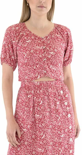 Only Γυναικείο Crop Top Κοντομάνικο Καλοκαιρινό Floral Κόκκινο