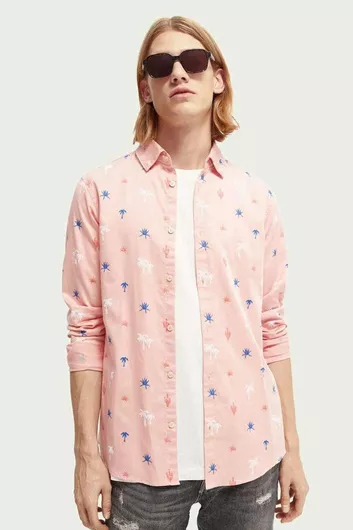 Scotch & Soda Μακρυμάνικo Βαμβακερό Πουκάμισο σε Στενή Γραμμή Ροζ