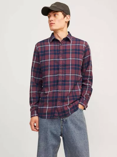 Jack & Jones Μακρυμάνικo Φανελένιο Πουκάμισο σε Στενή Γραμμή Καρό μπορντώ