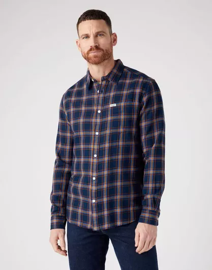 Wrangler Μακρυμάνικo Βαμβακερό Πουκάμισο σε Κανονική Γραμμή Καρό Navy Μπλε