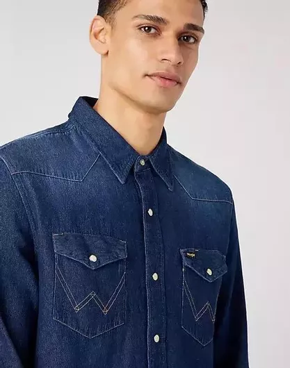 Wrangler Μακρυμάνικo Βαμβακερό Πουκάμισο σε Κανονική Γραμμή Γκρι