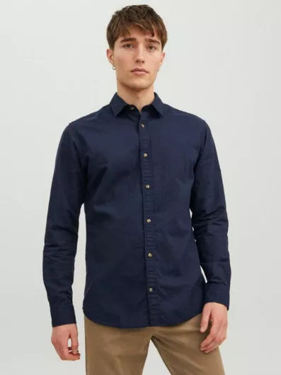 Jack & Jones Μακρυμάνικo Λινό Πουκάμισο σε Στενή Γραμμή Navy Blazer