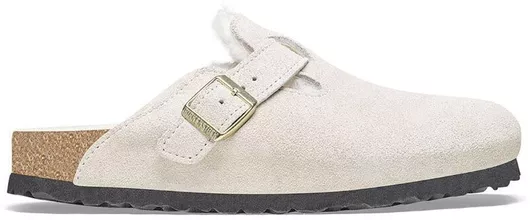 Birkenstock Boston Shearling Suede Λευκό Χειμερινές Γυναικείες Παντόφλες με Γούνα Narrow Fit