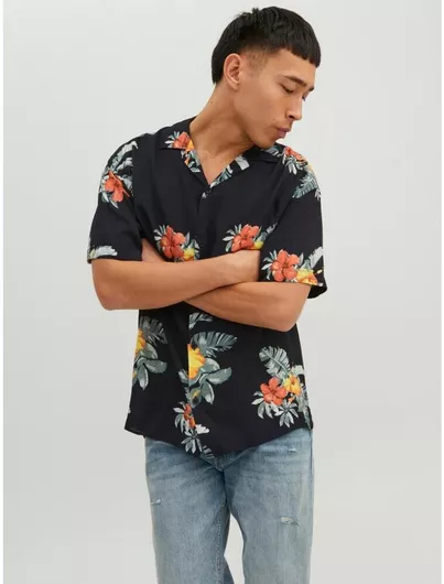 Jack & Jones Κοντομάνικο Τζιν Πουκάμισο σε Κανονική Γραμμή Floral Μαύρο