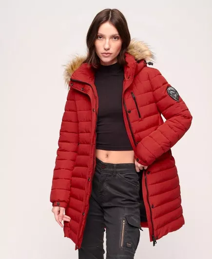 Superdry Ovin Fuji Μακρύ Γυναικείο Puffer Μπουφάν για Χειμώνα Κόκκινο