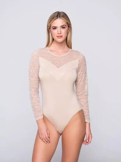 Luna Γυναικείο Κορμάκι με Μπεζ Δαντέλα