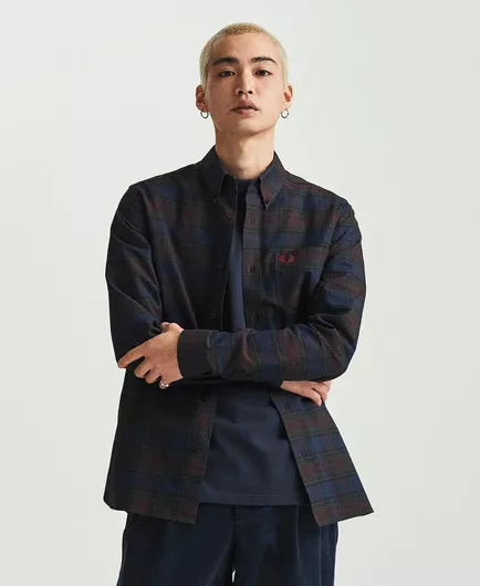 Fred Perry Μακρυμάνικo Βαμβακερό Πουκάμισο σε Κανονική Γραμμή Καρό Navy Μπλε