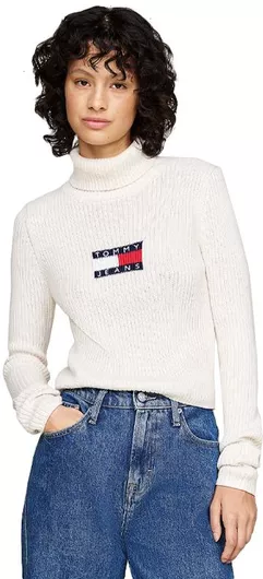 Tommy Hilfiger Flag Γυναικείο Μακρυμάνικο Πουλόβερ Ζιβάγκο Ancient White Melange