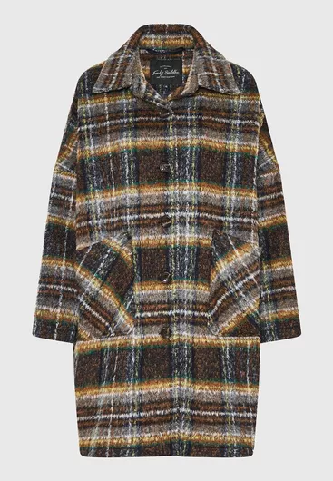 Funky Buddha Μάλλινο Γυναικείο Καρό Καφέ Παλτό Oversized με Κουμπιά