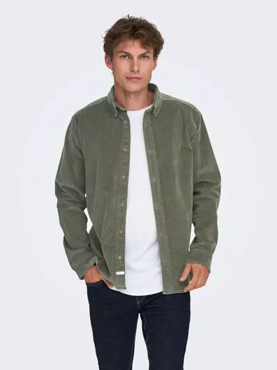 Only & Sons Overshirt Μακρυμάνικo Κοτλέ Πουκάμισο σε Κανονική Γραμμή Χακί