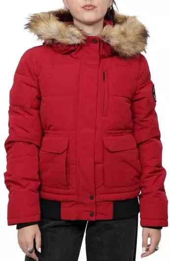 Superdry D1 Everest Κοντό Γυναικείο Puffer Μπουφάν με Γούνινη Κουκούλα για Χειμώνα Κόκκινο
