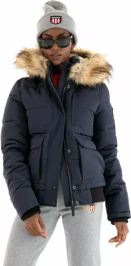 Superdry Everest Γυναικείο Κοντό Puffer Μπουφάν Χειμώνα με Γούνινη Κουκούλα Navy Blue