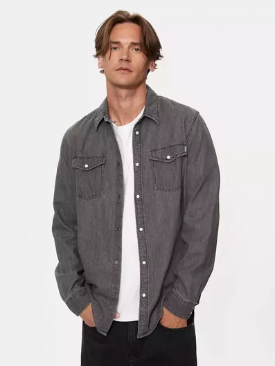 Pepe Jeans Μακρυμάνικo Τζιν Πουκάμισο σε Κανονική Γραμμή Γκρι