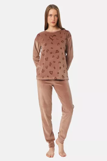 Minerva Χειμερινό Γυναικείο Σετ Πιτζάμας Βαμβακερό Καφέ