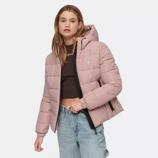 Superdry Κοντό Γυναικείο Puffer Μπουφάν Αδιάβροχο για Χειμώνα Ροζ