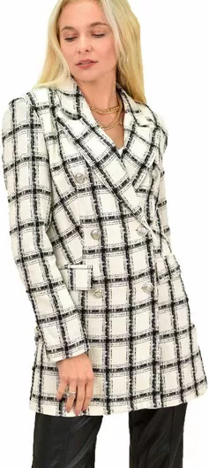 Potre Γυναικείο Καρό Λευκό Παλτό με Κουμπιά
