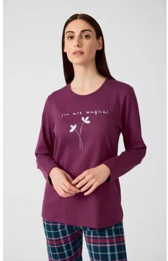 Minerva Χειμερινό Γυναικείο Σετ Πιτζάμας Βαμβακερό Δαμασκηνί