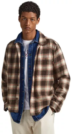 Pepe Jeans Overshirt Μακρυμάνικo Τζιν Πουκάμισο Καρό Καφέ