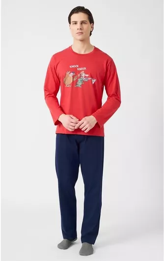 Minerva Χειμερινή Ανδρική Πιτζάμα Βαμβακερή Κόκκινο