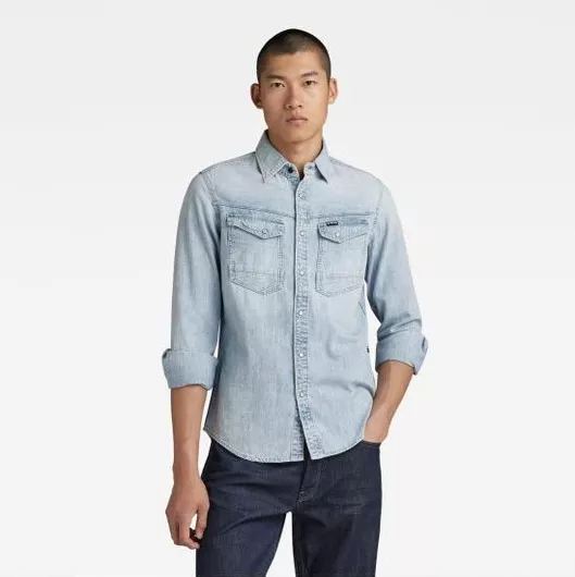 G-Star Raw Μακρυμάνικo Τζιν Πουκάμισο σε Στενή Γραμμή Μπλε Ανοιχτό