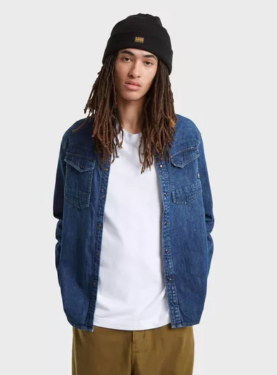 G-Star Raw Μακρυμάνικo Τζιν Πουκάμισο σε Στενή Γραμμή Medium Aged Denim