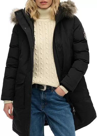 Superdry Μακρύ Μαύρο Παρκά Μπουφάν Γυναικείο Χειμερινό