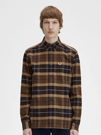 Fred Perry Μακρυμάνικo Βαμβακερό Πουκάμισο Καρό Burnt Tobacco