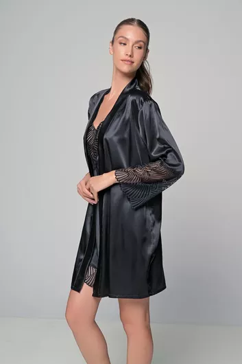 Milena by Paris Χειμερινή Γυναικεία Σατέν Ρόμπα Μαύρο -Μαύρο