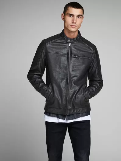 Jack & Jones Χειμωνιάτικο Μπουφάν από Δερματίνη Biker Black / PU