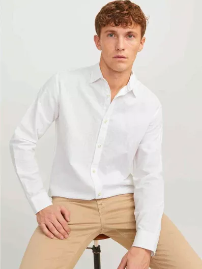 Jack & Jones Μακρυμάνικo Λινό Πουκάμισο σε Κανονική Γραμμή White