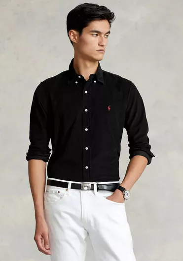 Ralph Lauren Μακρυμάνικo Κοτλέ Πουκάμισο σε Στενή Γραμμή Μαύρο