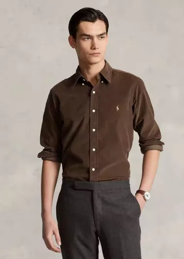 Ralph Lauren Μακρυμάνικo Βαμβακερό Πουκάμισο σε Κανονική Γραμμή Καφέ